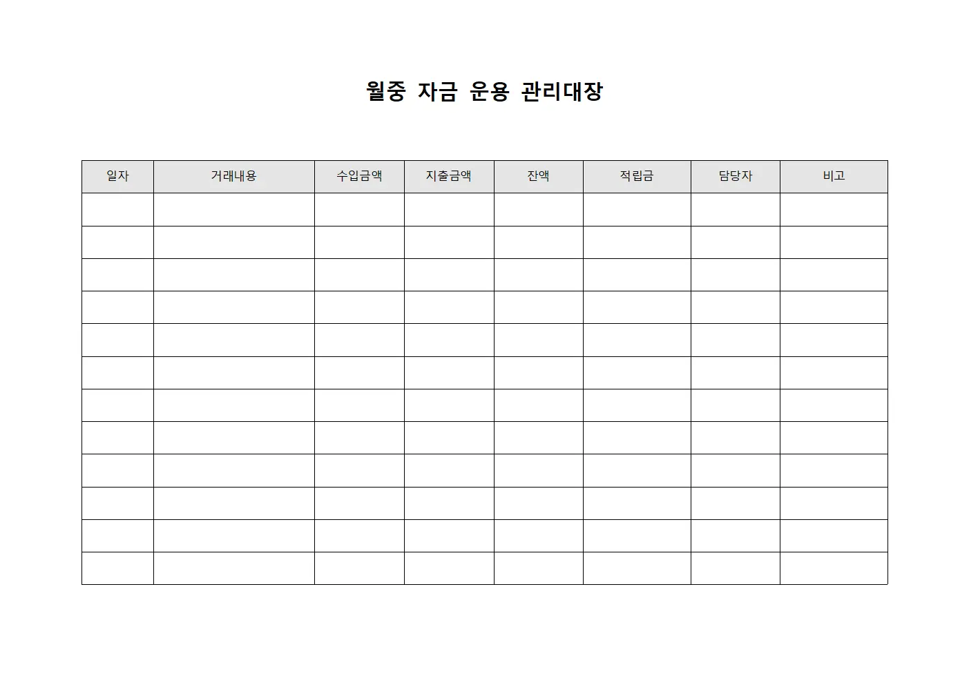 월중 자금 운용 관리대장