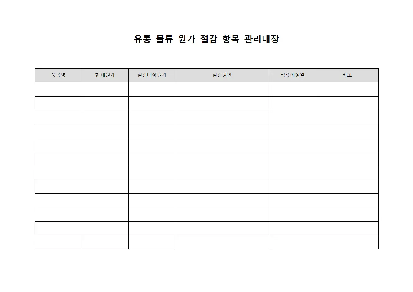 유통 물류 원가 절감 항목 관리대장