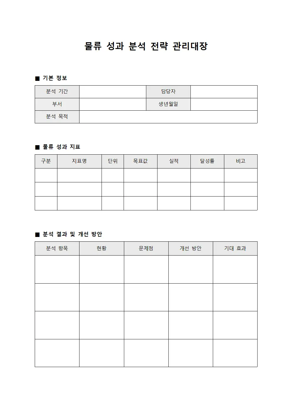 물류 성과 분석 전략 관리대장