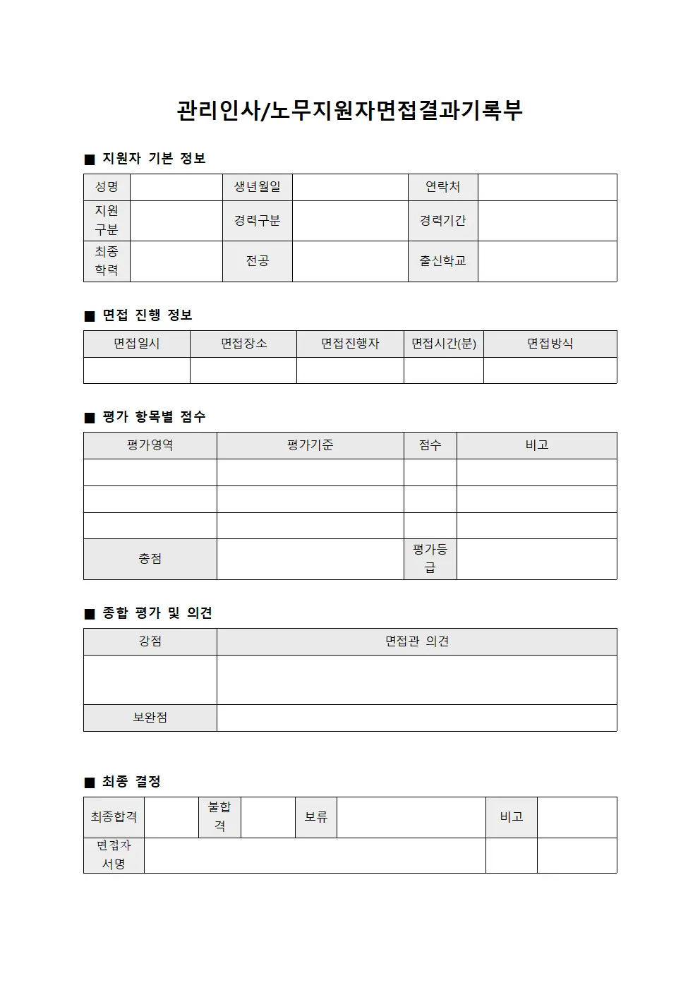 관리인사/노무지원자면접결과기록부