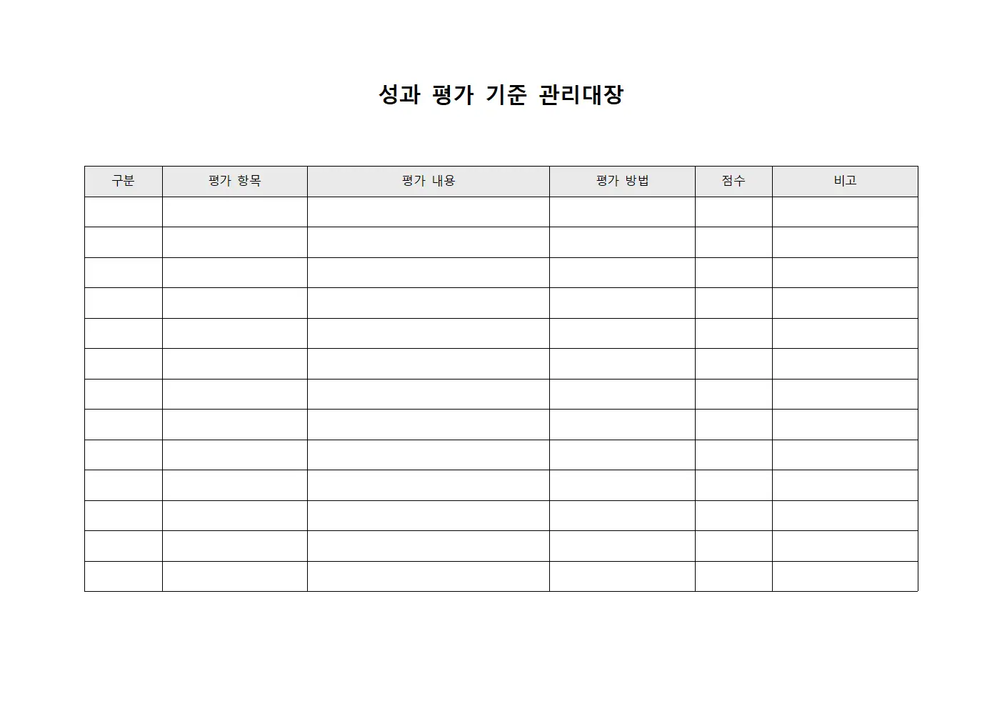 성과 평가 기준 관리대장 문서서식