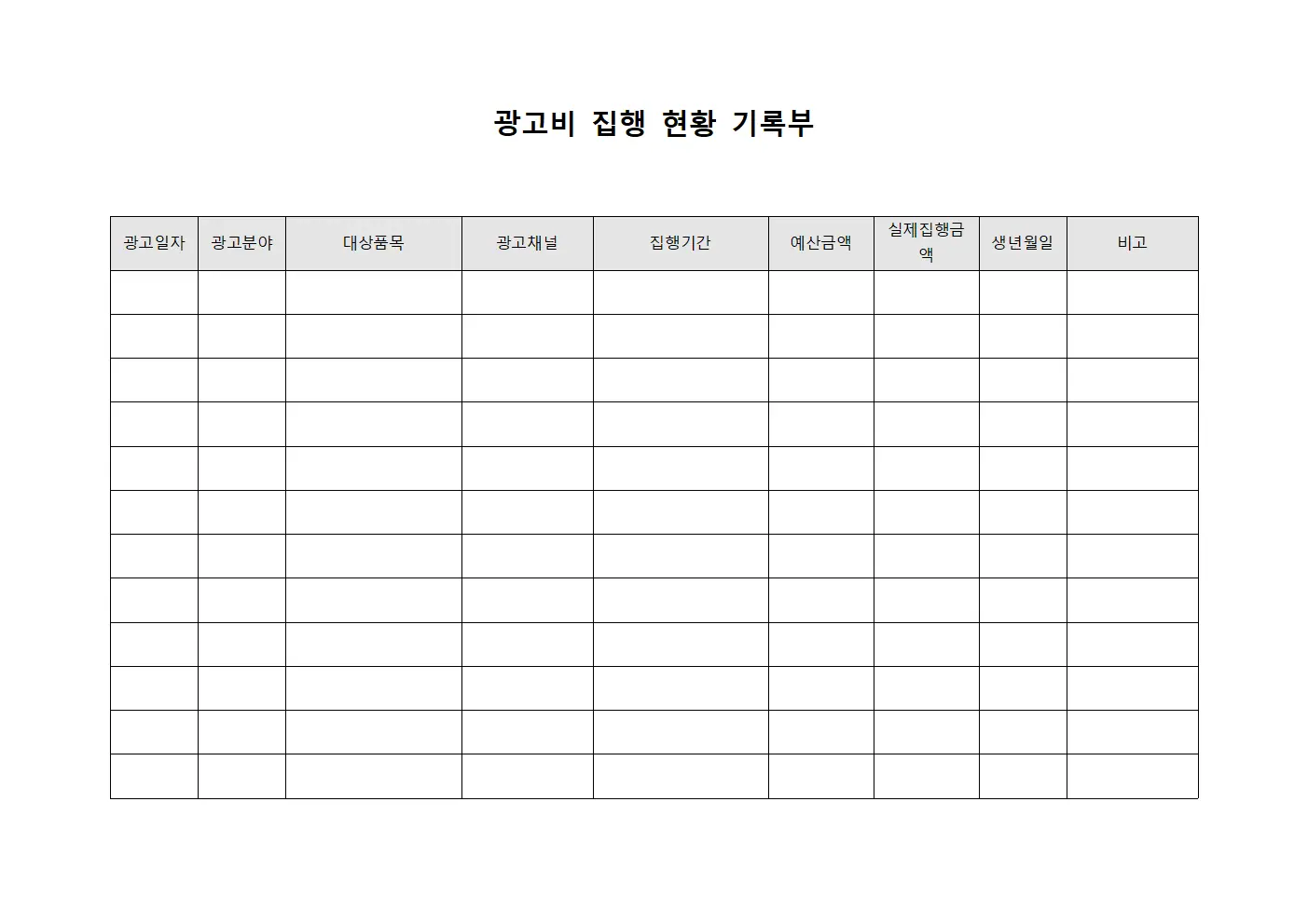 광고비 집행 현황 기록부 템플릿 양식