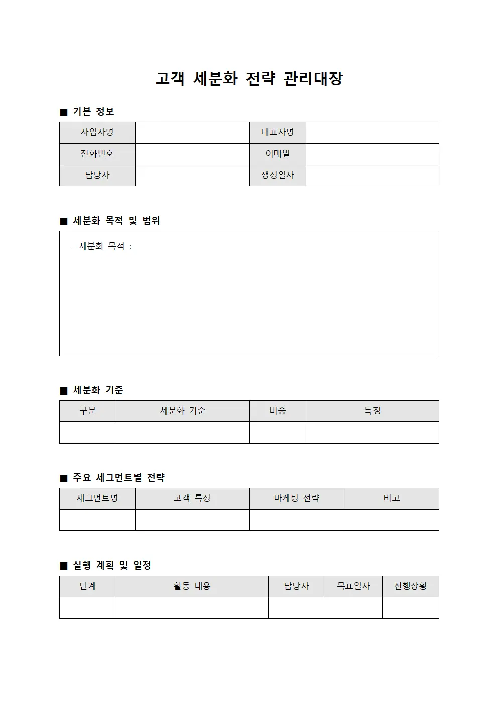 고객 세분화 전략 관리대장