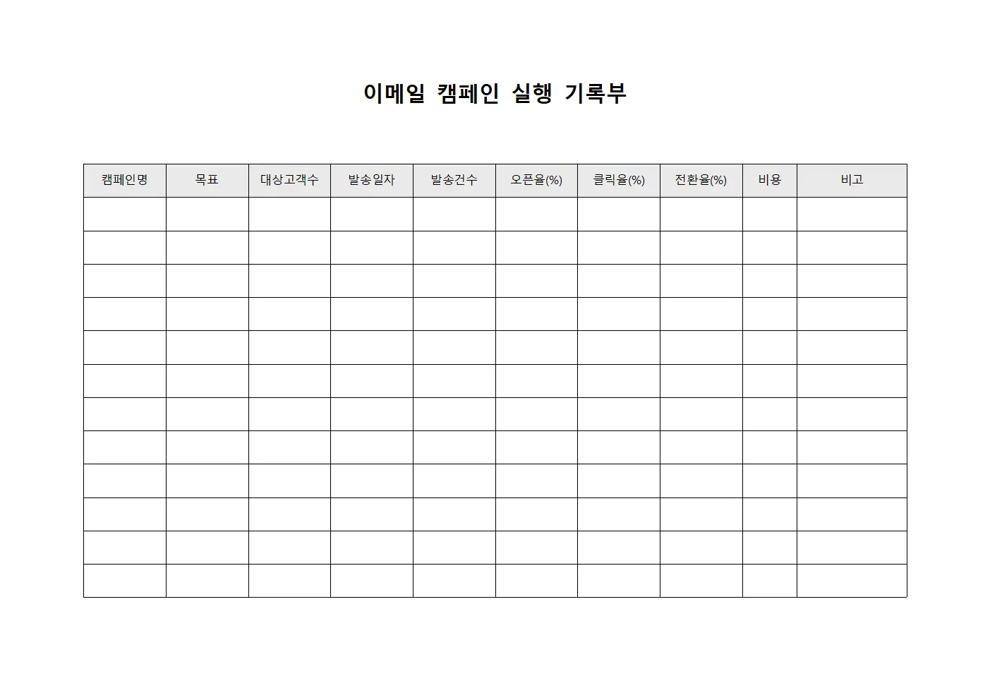이메일 캠페인 실행 기록부 템플릿 서식