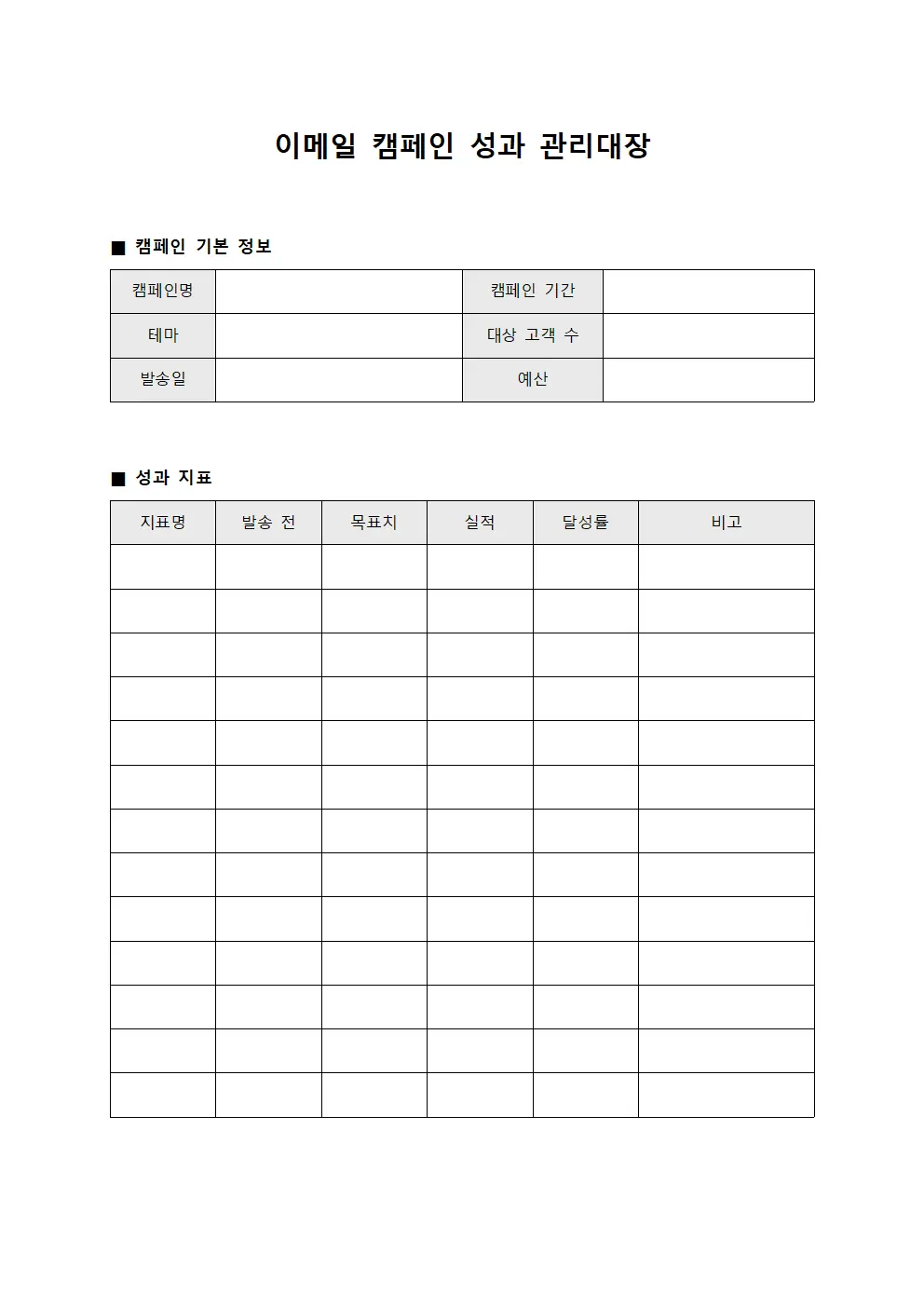 이메일 캠페인 성과 관리대장 템플릿 양식