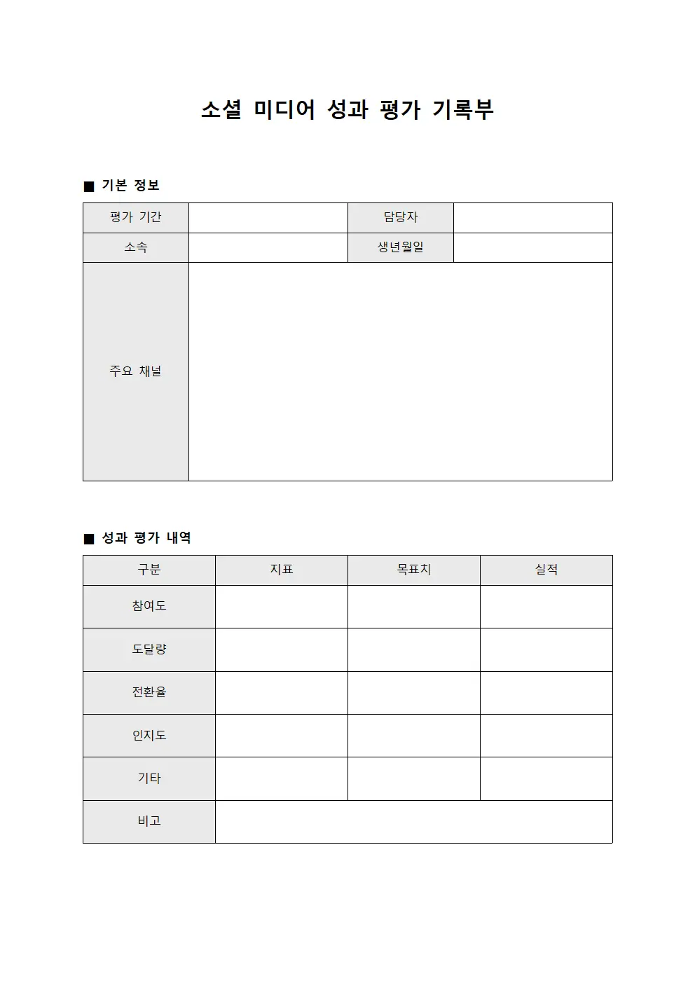 소셜 미디어 성과 평가 기록부