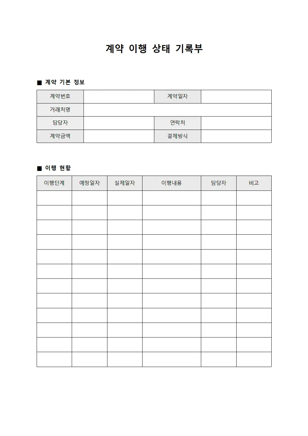 계약 이행 상태 기록부 문서양식