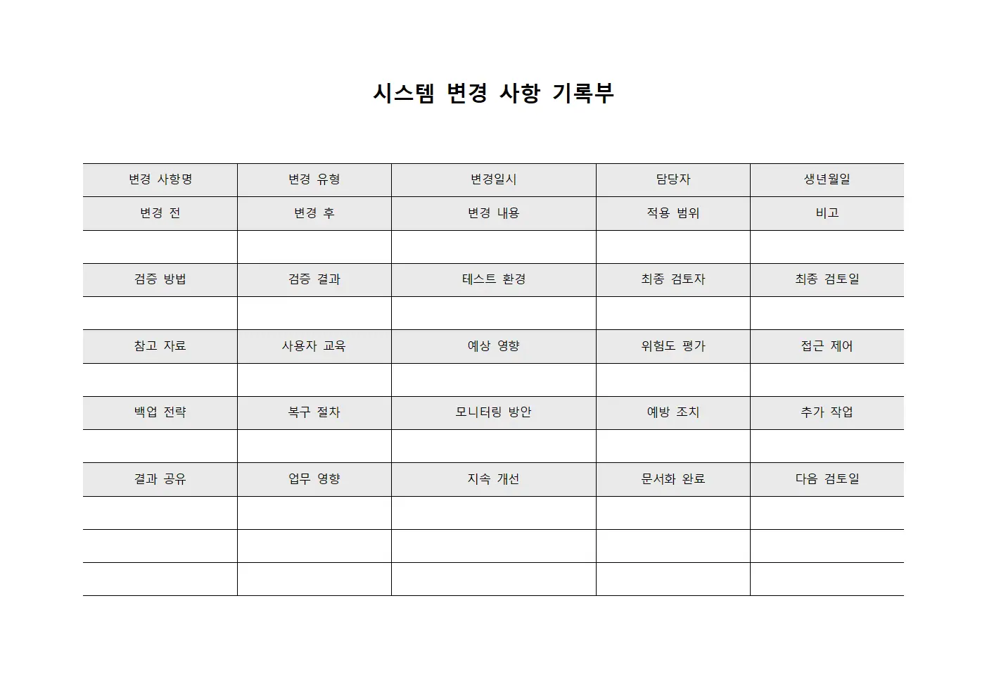 시스템 변경 사항 기록부 양식문서