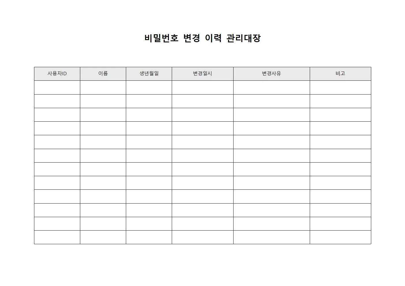비밀번호 변경 이력 관리대장 템플릿 서식