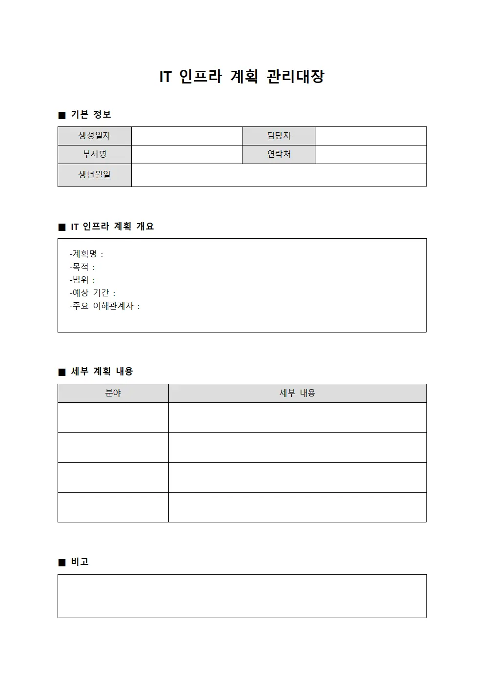 IT 인프라 계획 관리대장