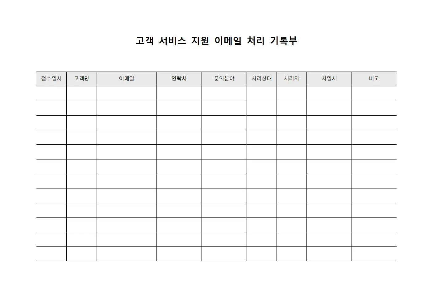 고객 서비스 지원 이메일 처리 기록부 양식.서식