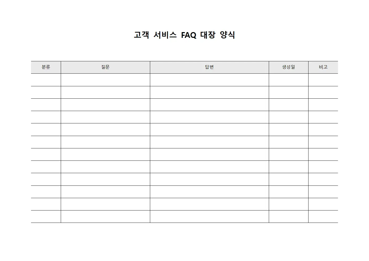 고객 서비스 FAQ 대장 양식