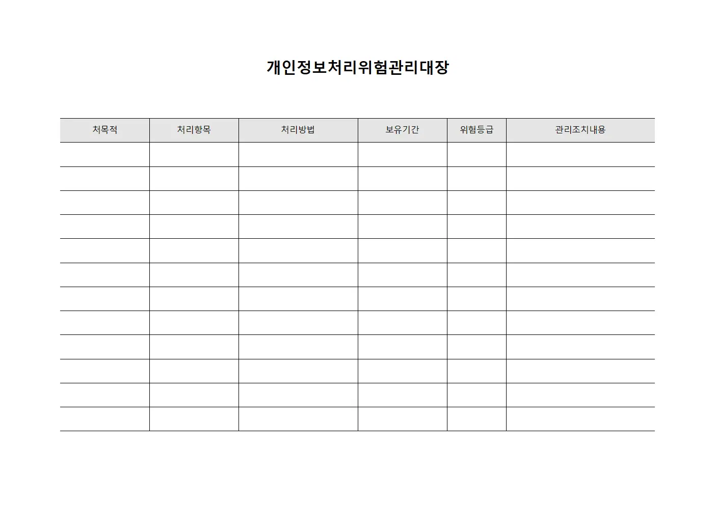 개인정보처리위험관리대장 템플릿 양식