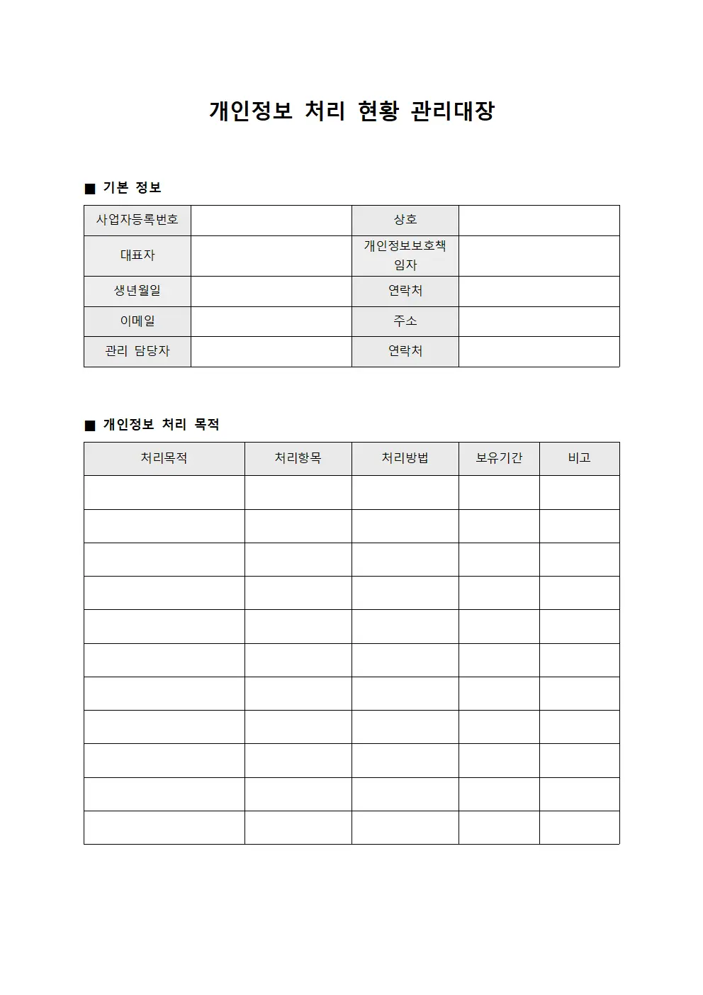 개인정보 처리 현황 관리대장