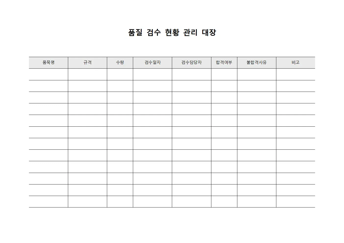 품질 검수 현황 관리 대장 템플릿 양식