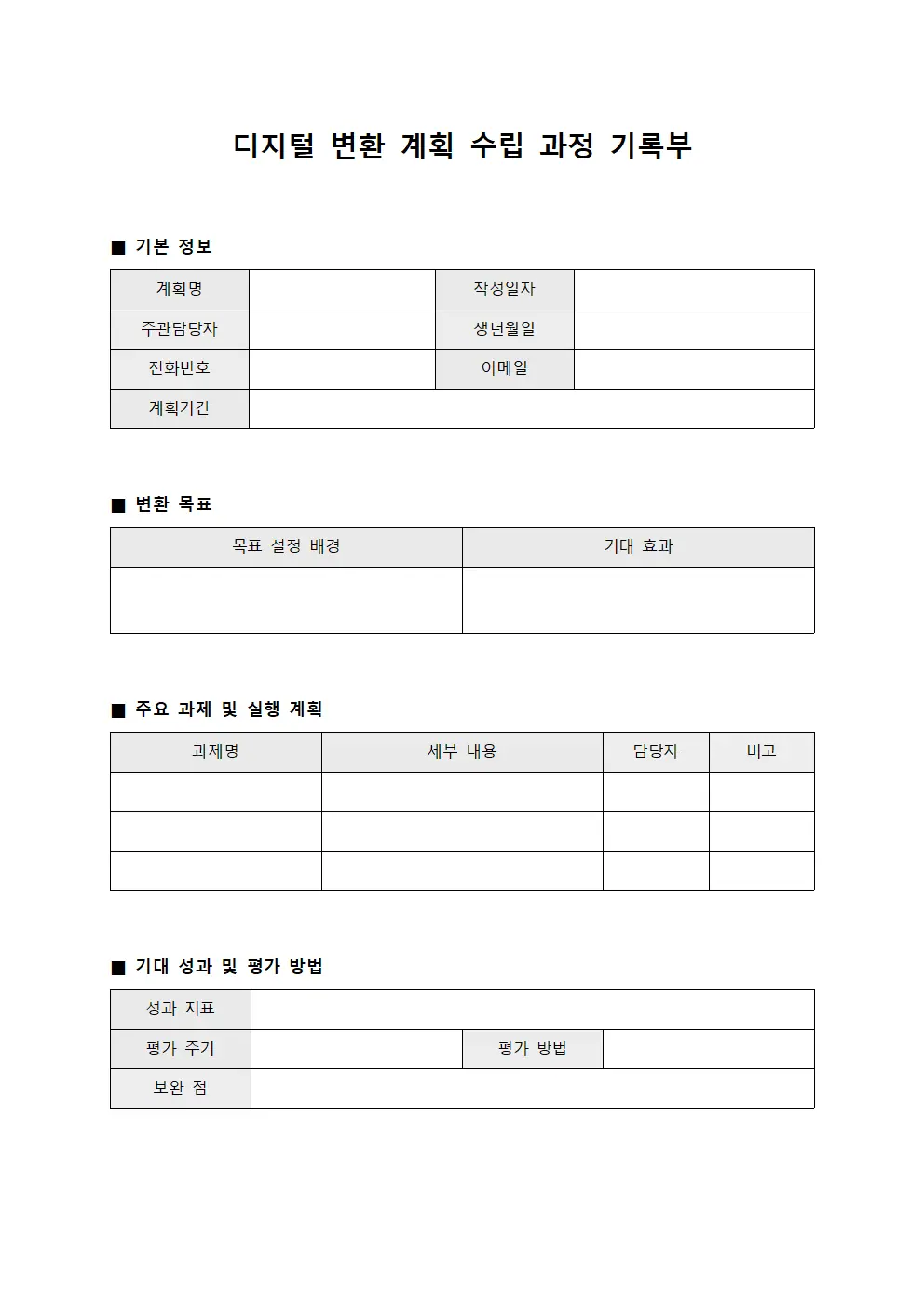 디지털 변환 계획 수립 과정 기록부 문서서식
