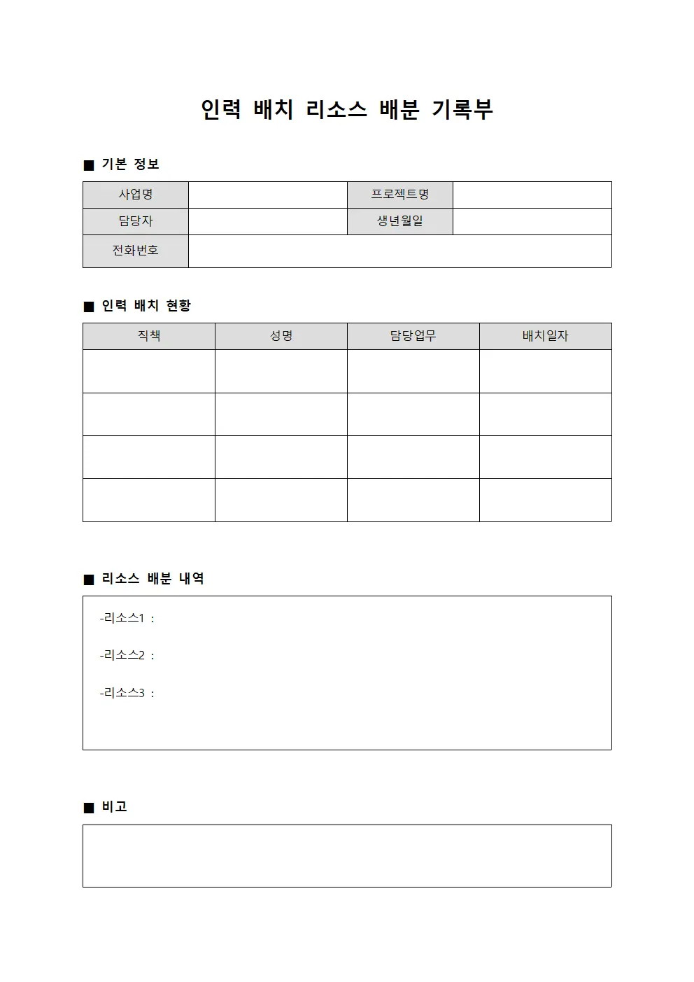 인력 배치 리소스 배분 기록부