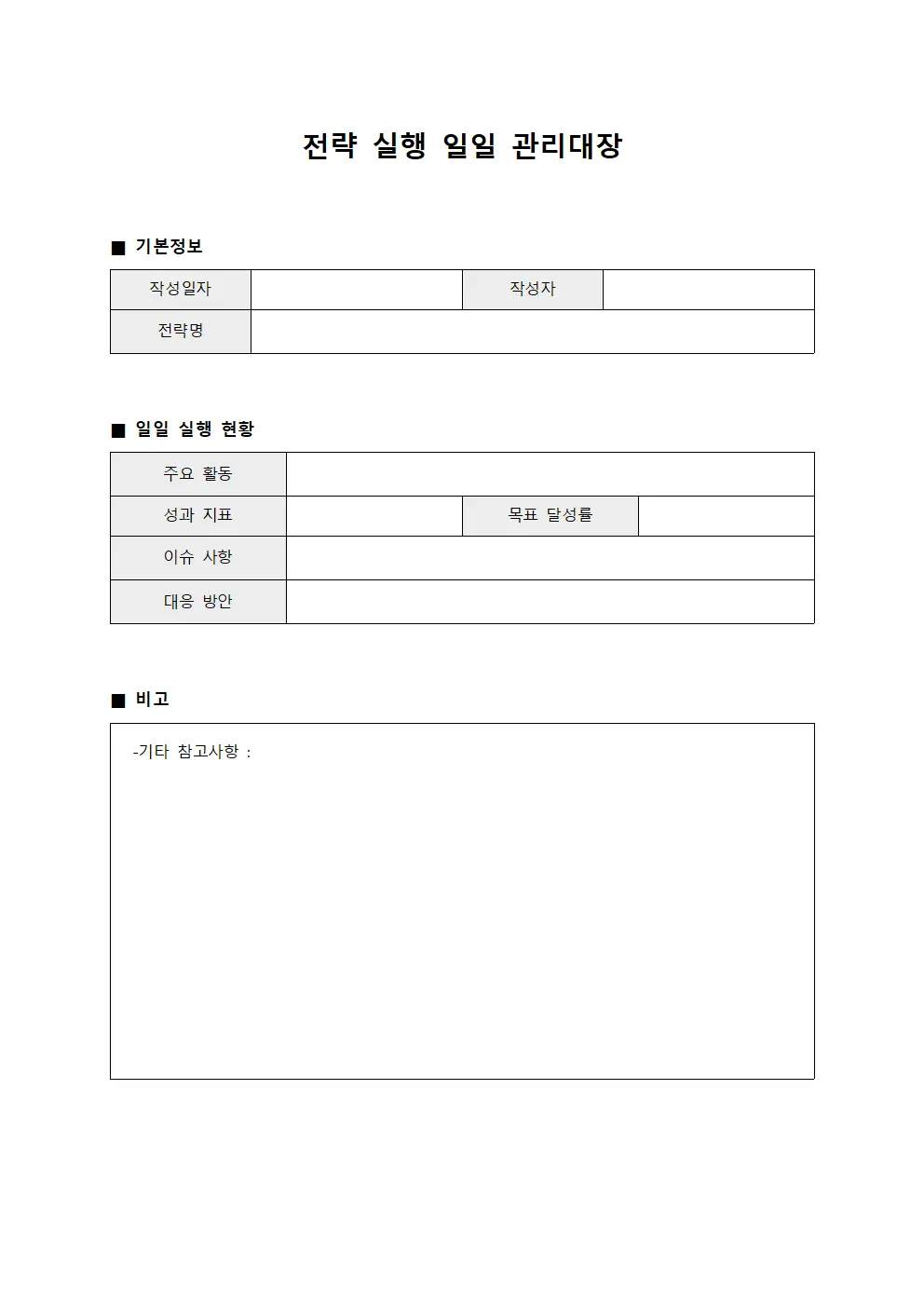 전략 실행 일일 관리대장 문서.양식