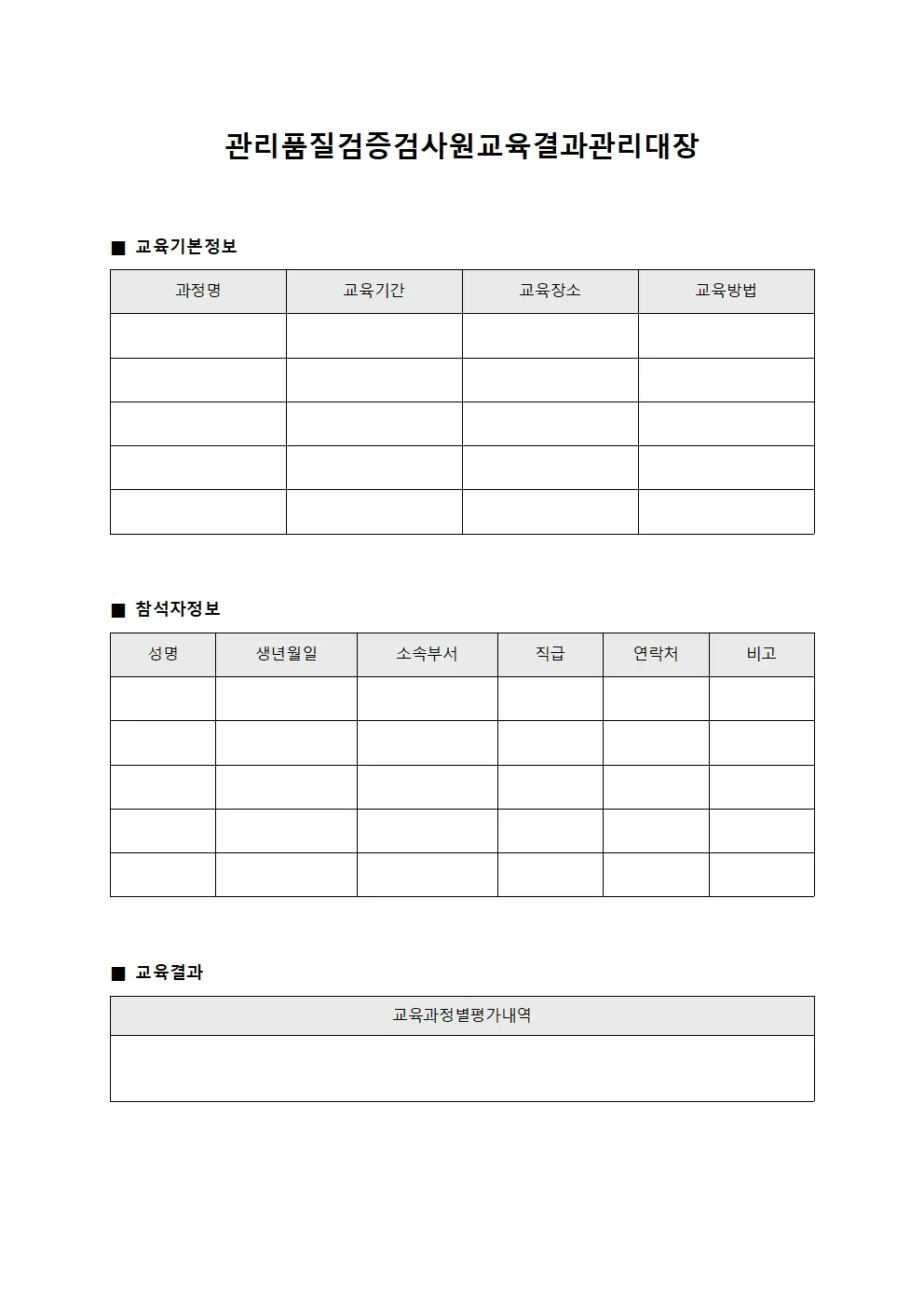 관리품질검증검사원교육결과관리대장