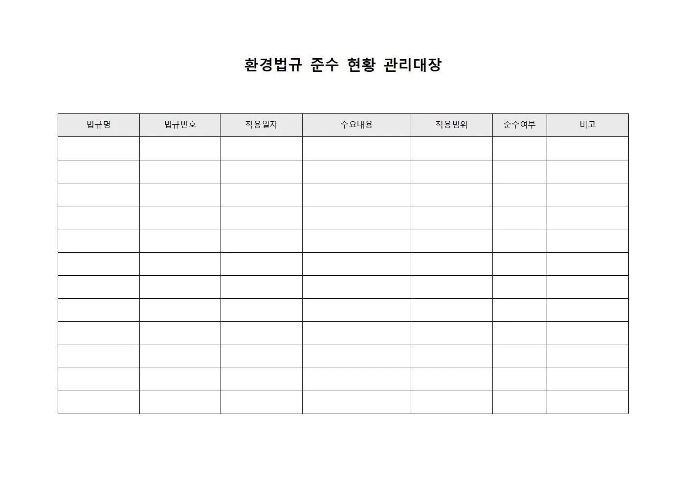 환경법규 준수 현황 관리대장 양식