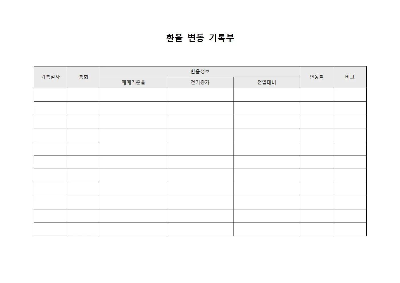 환율 변동 기록부 템플릿 양식