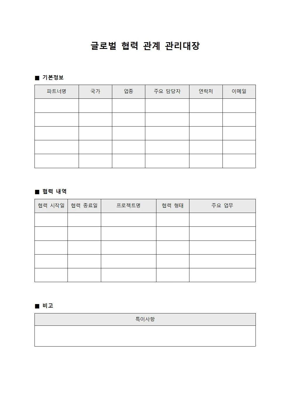 글로벌 협력 관계 관리대장