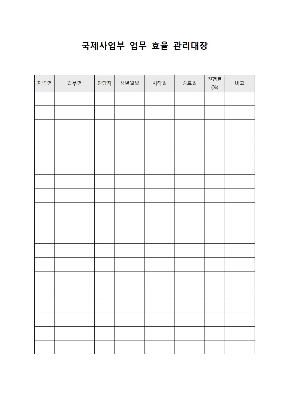 국제사업부 업무 효율 관리대장 문서양식