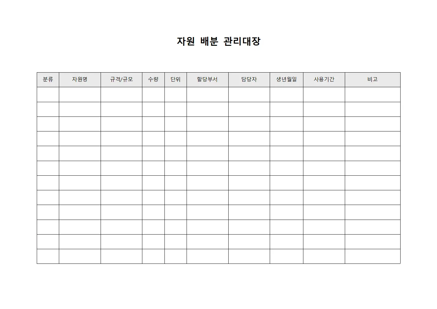 자원 배분 관리대장