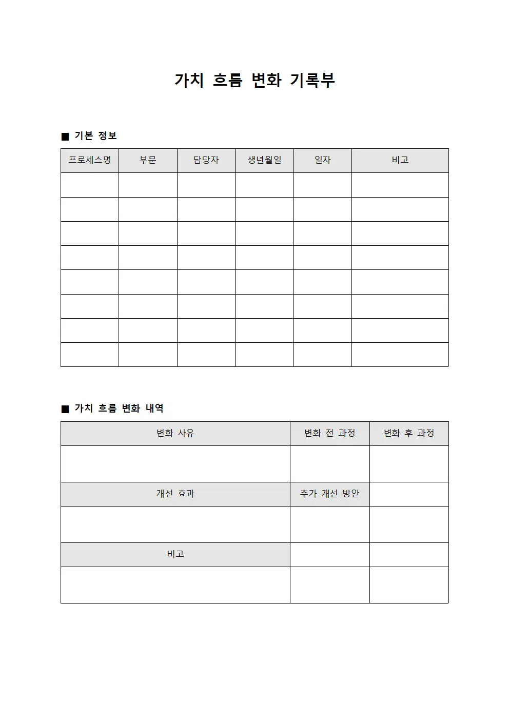 가치 흐름 변화 기록부 서식파일