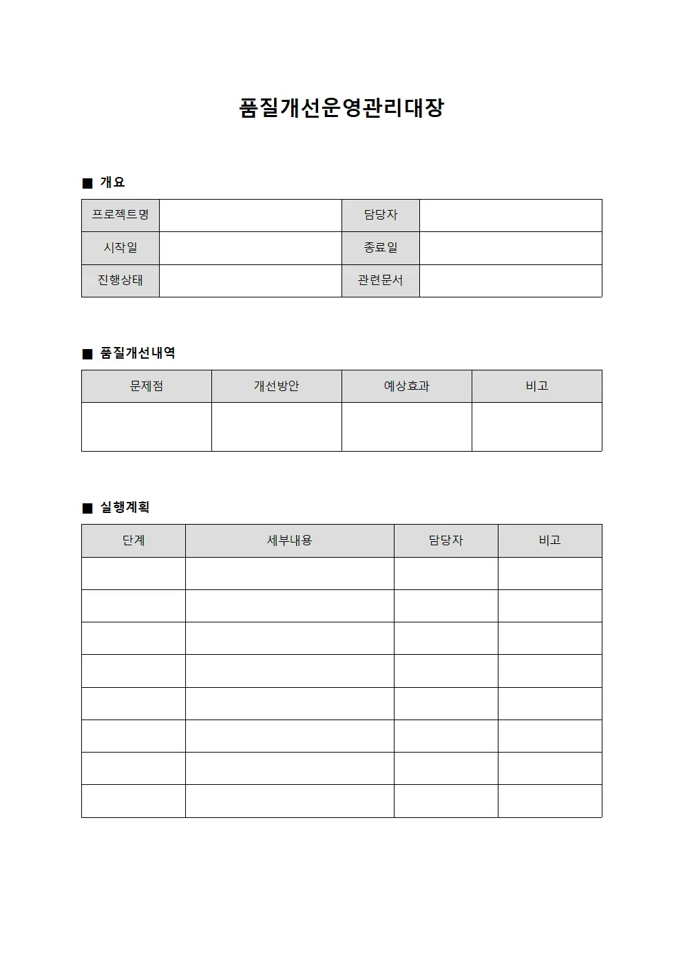 품질개선운영관리대장 서식.양식