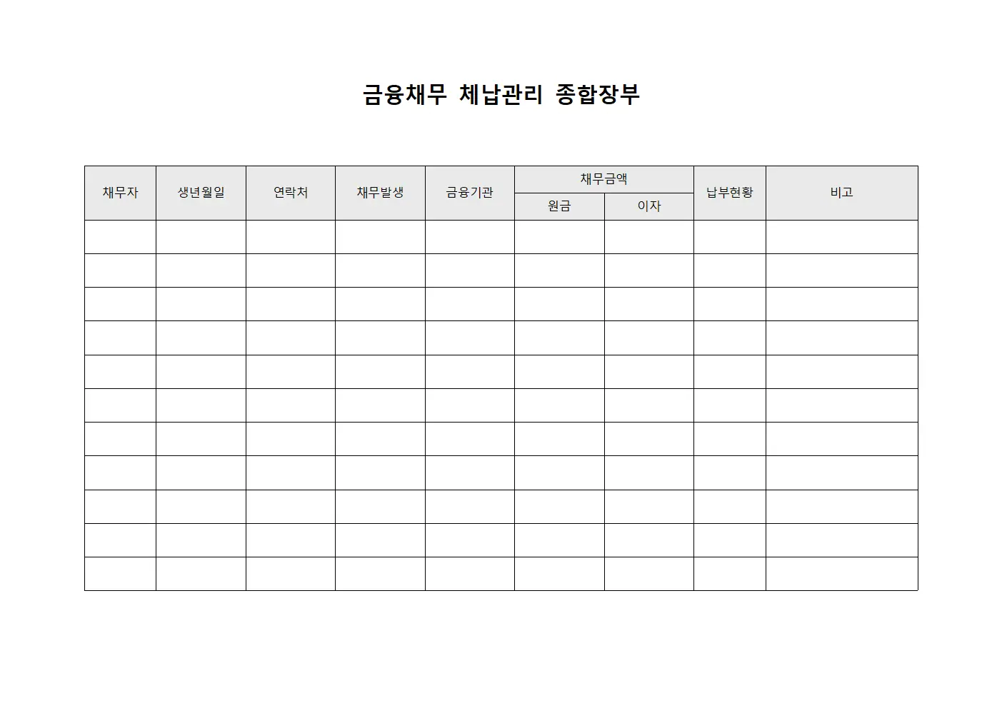 금융채무 체납관리 종합장부 문서양식
