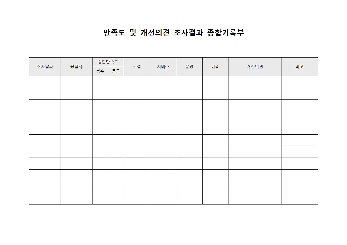 만족도 및 개선의견 조사결과 종합기록부 파일양식