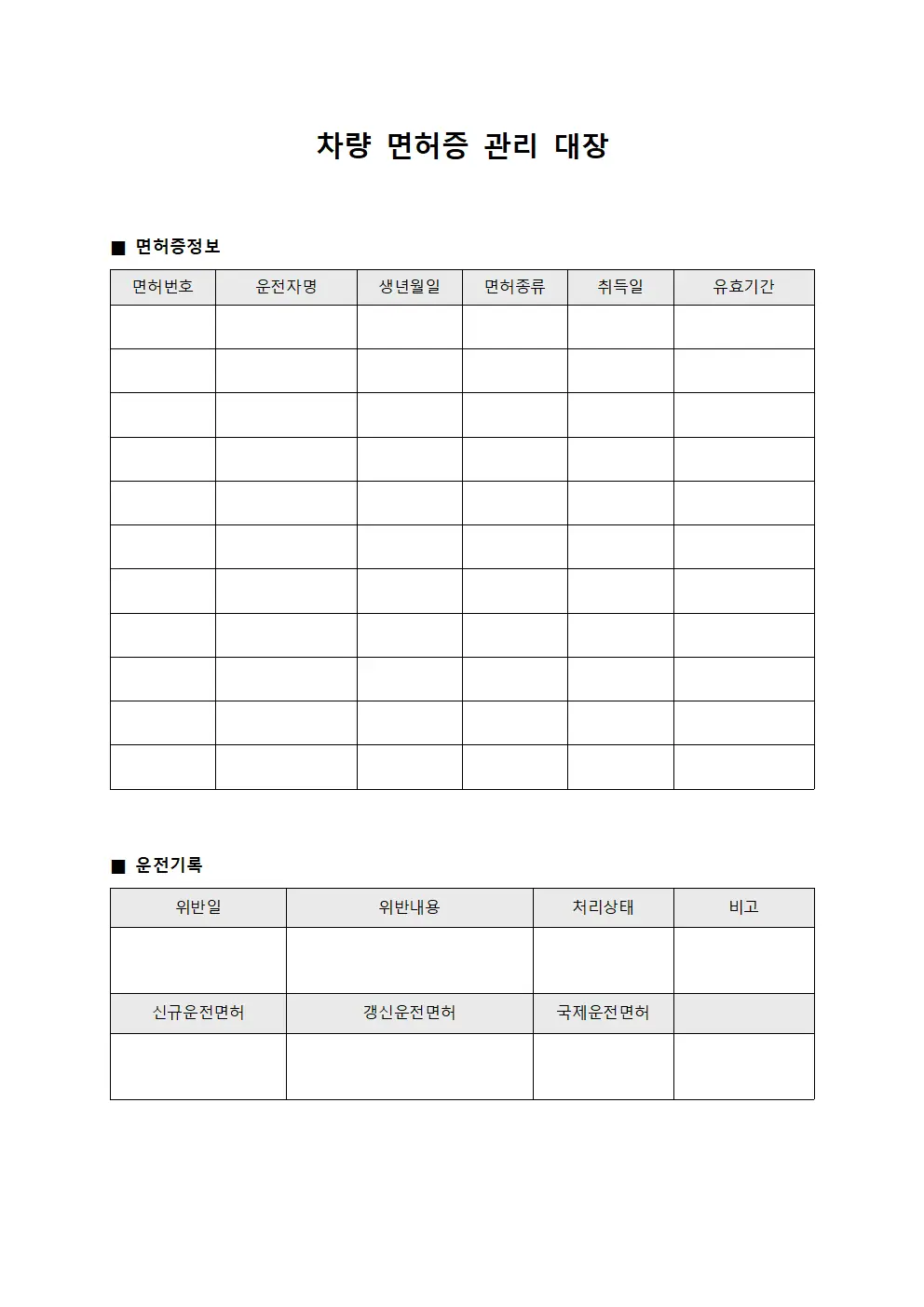 차량 면허증 관리 대장
