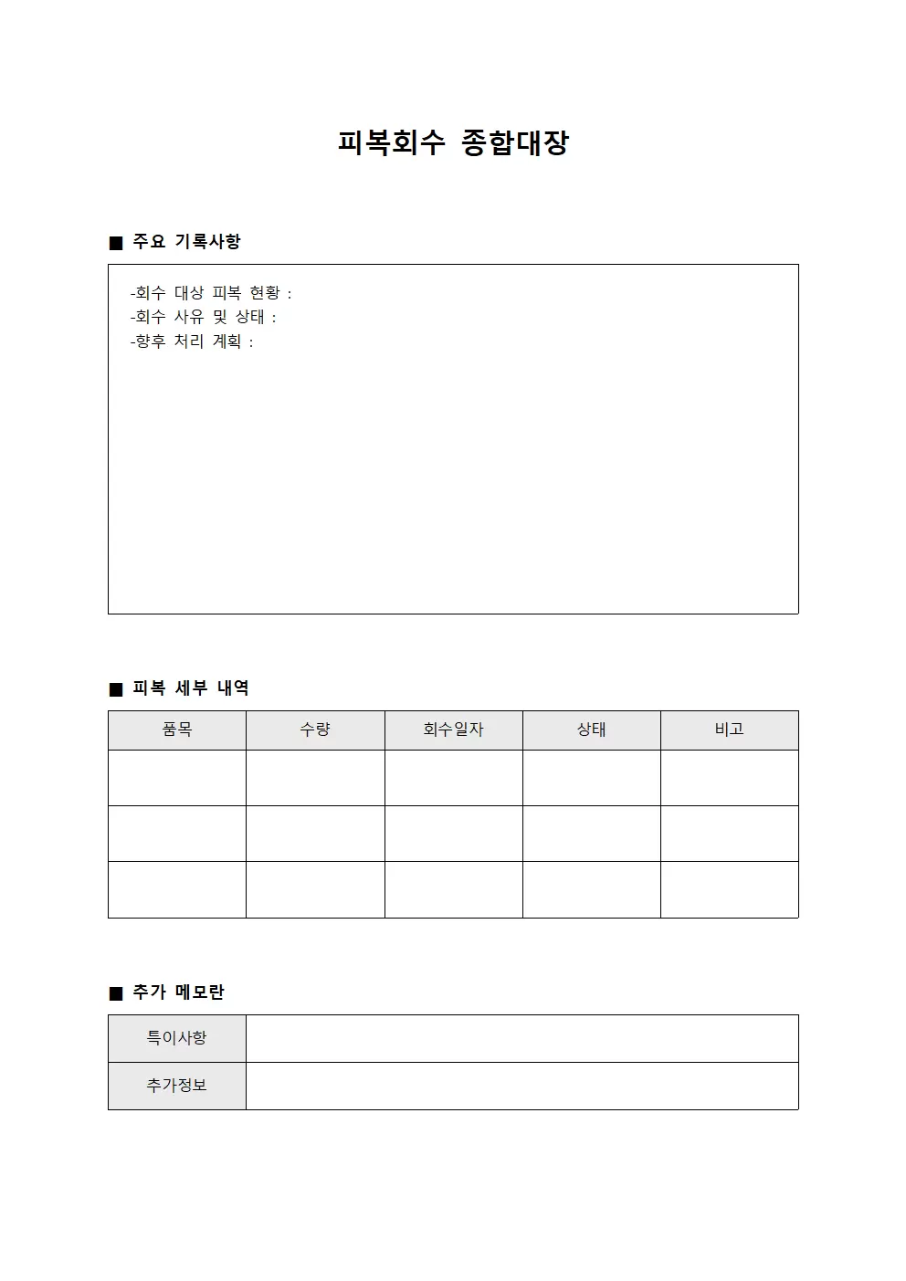 피복회수 종합대장