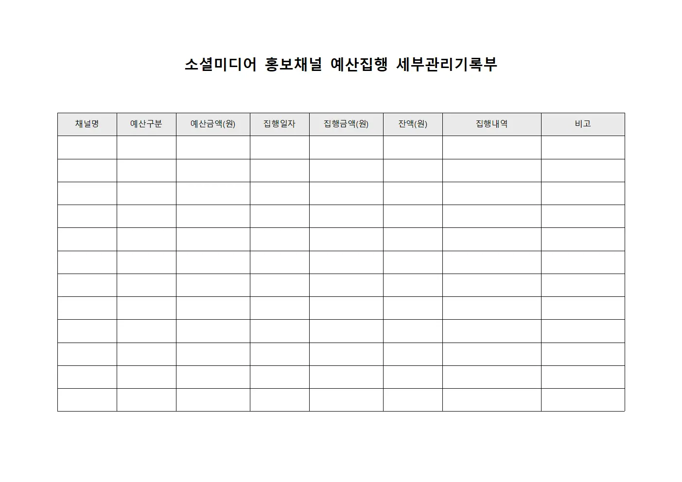 소셜미디어 홍보채널 예산집행 세부관리기록부 문서.양식
