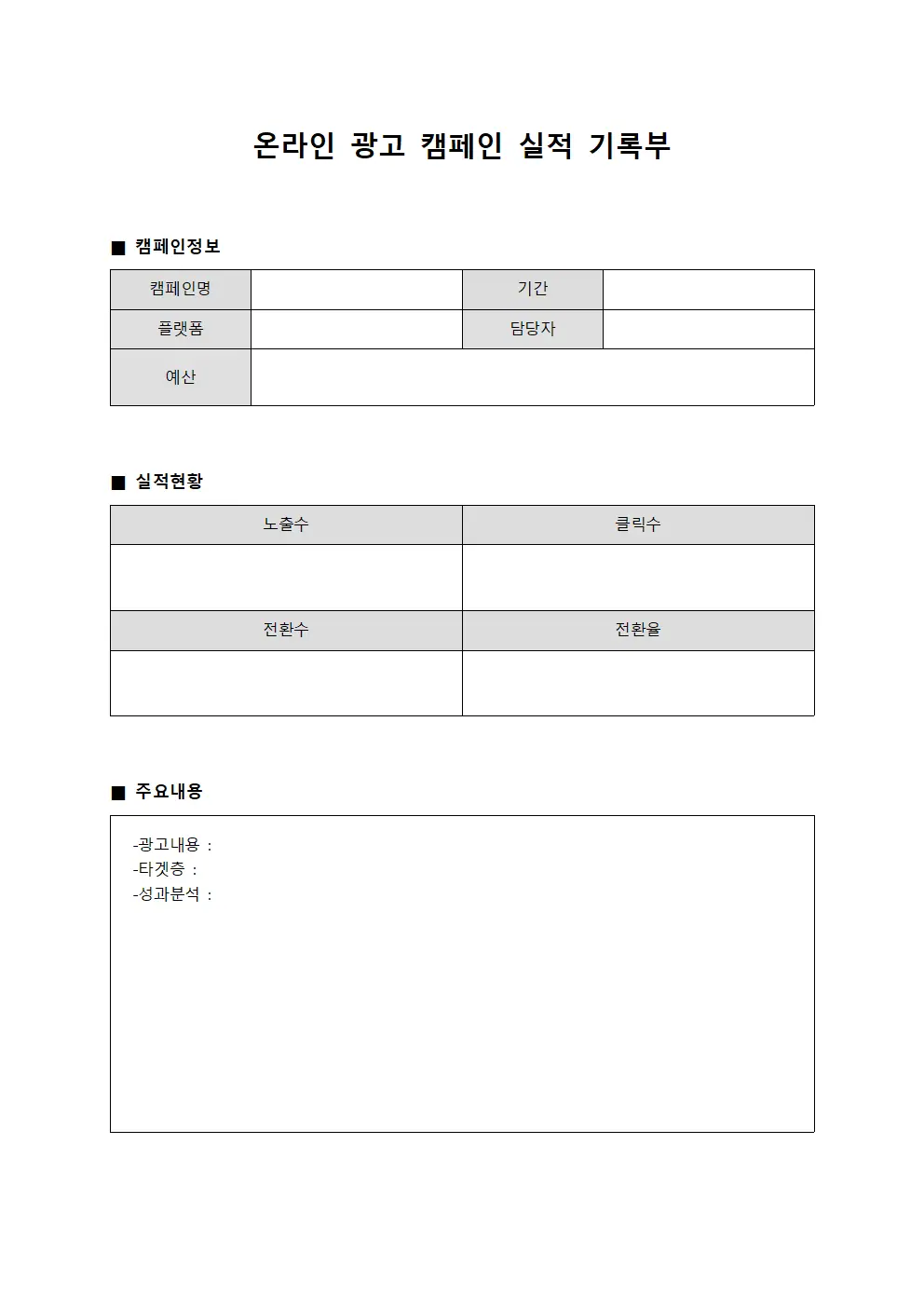 온라인 광고 캠페인 실적 기록부