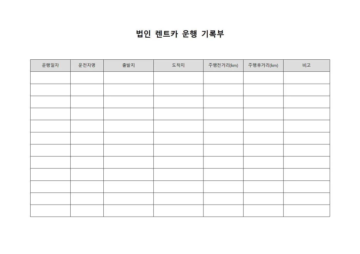 법인 렌트카 운행 기록부 문서서식