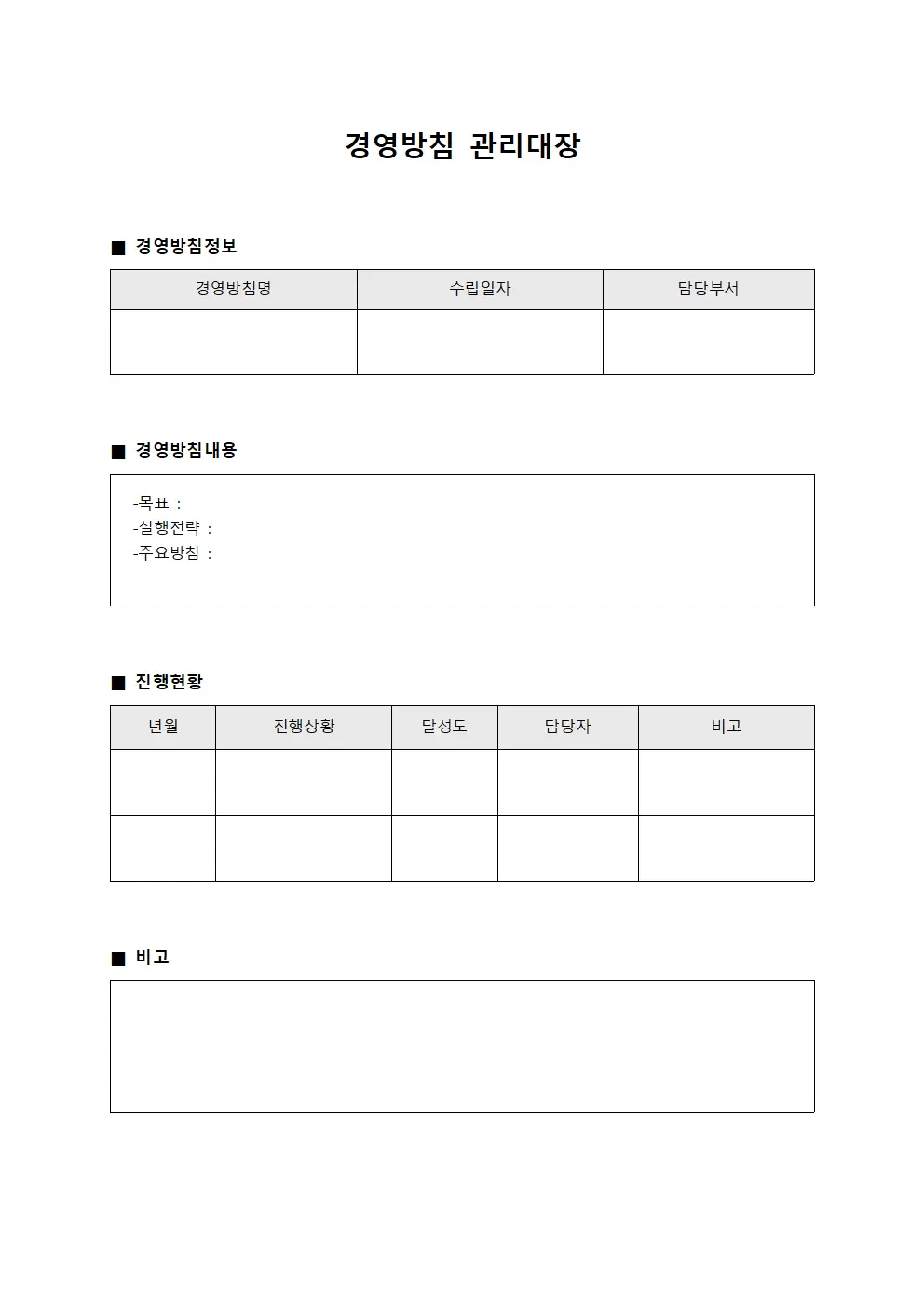 경영방침 관리대장 서식