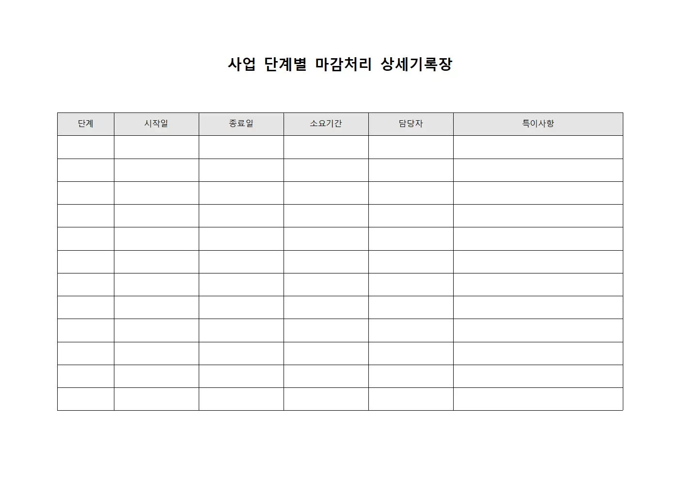 사업 단계별 마감처리 상세기록장 서식