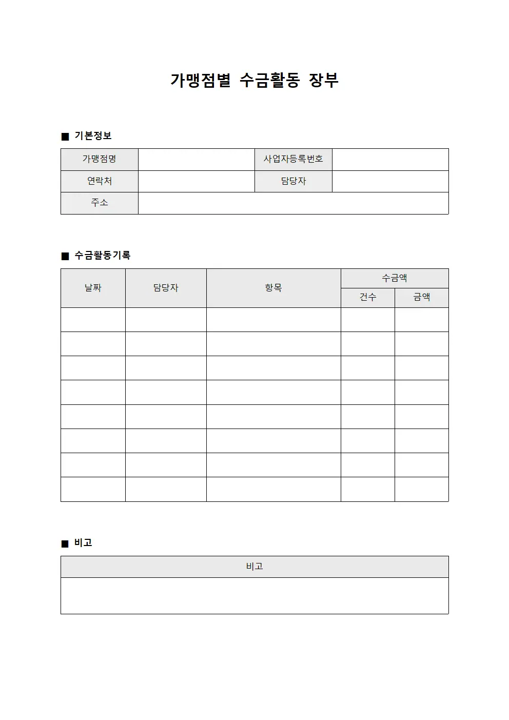 가맹점별 수금활동 장부 문서서식