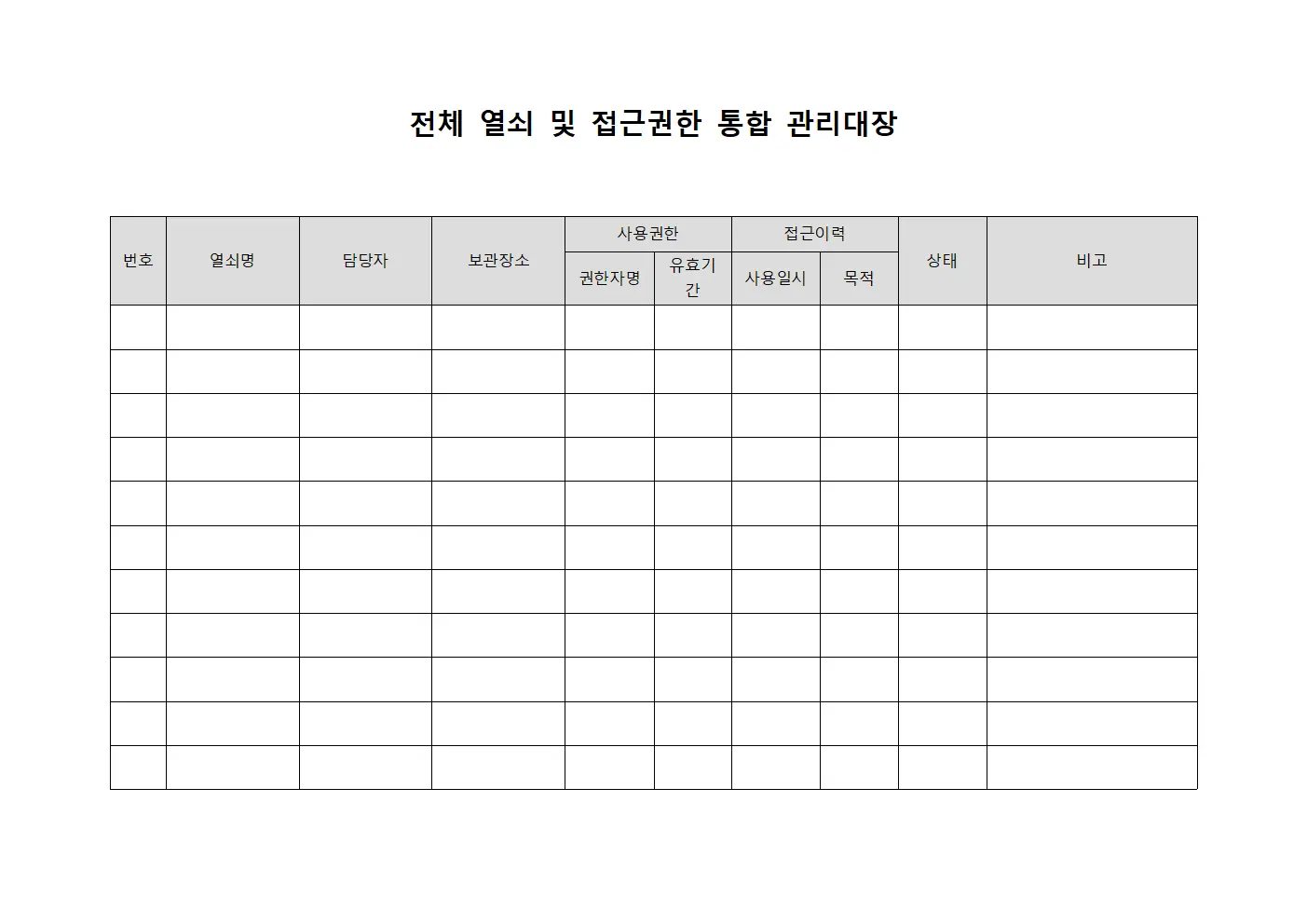 전체 열쇠 및 접근권한 통합 관리대장