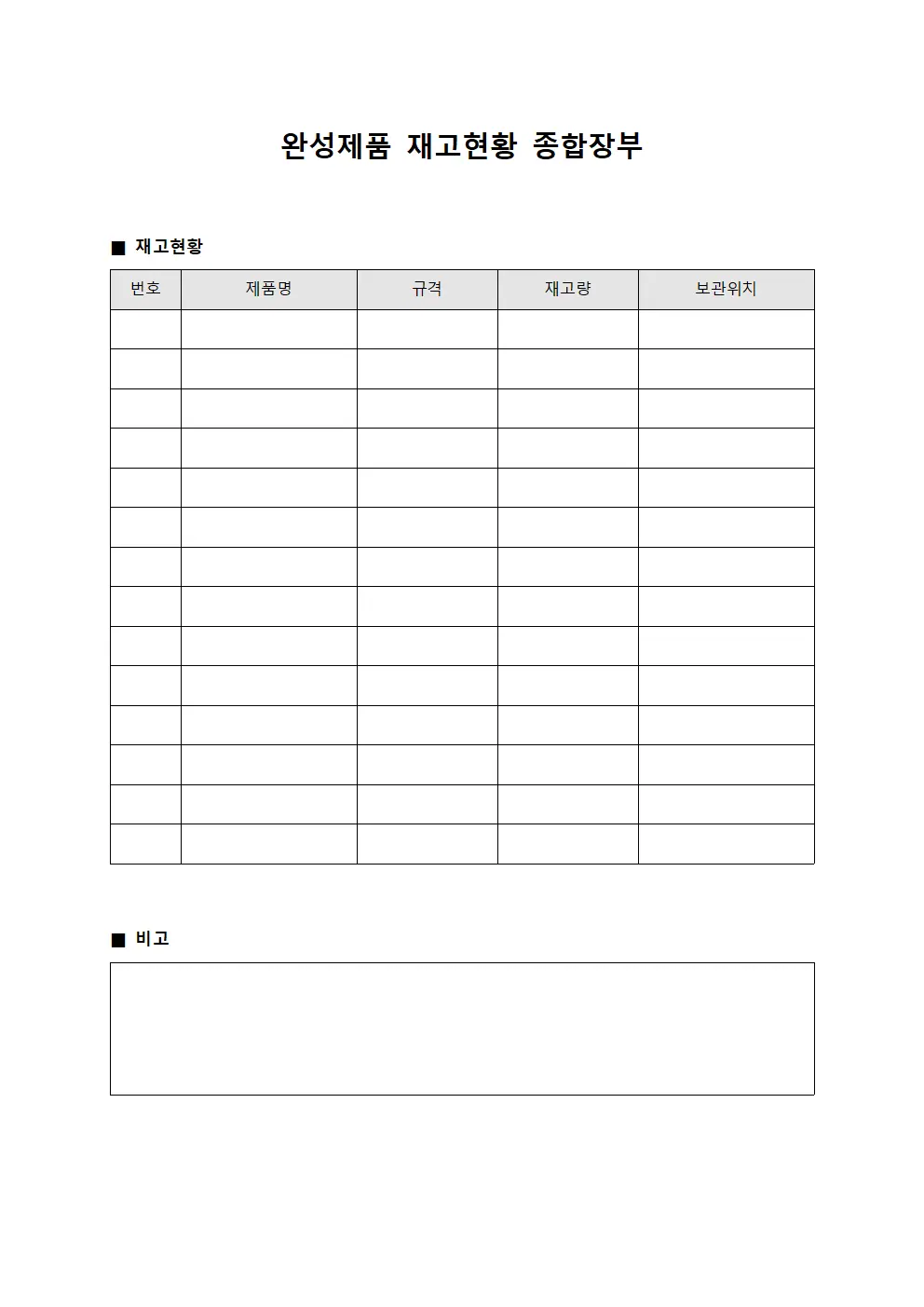 완성제품 재고현황 종합장부