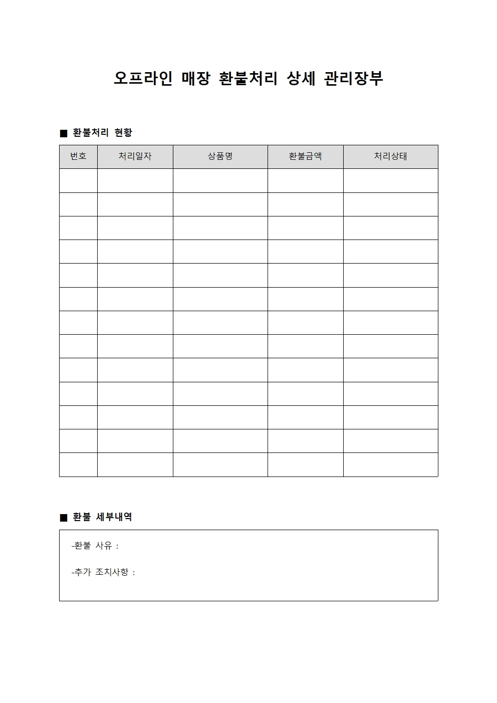 오프라인 매장 환불처리 상세 관리장부 양식문서