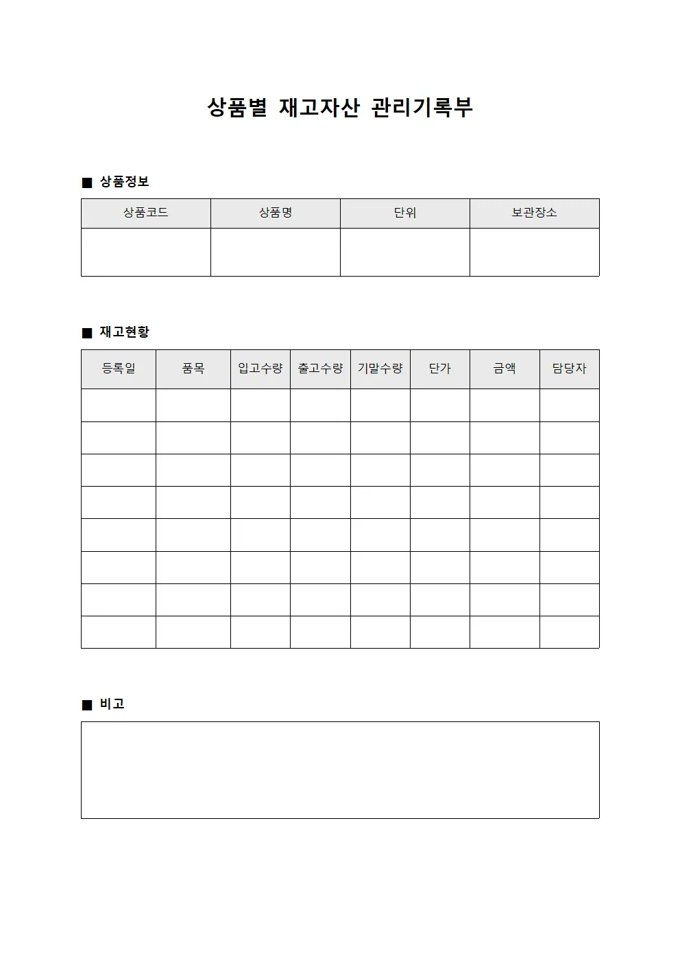 상품별 재고자산 관리기록부