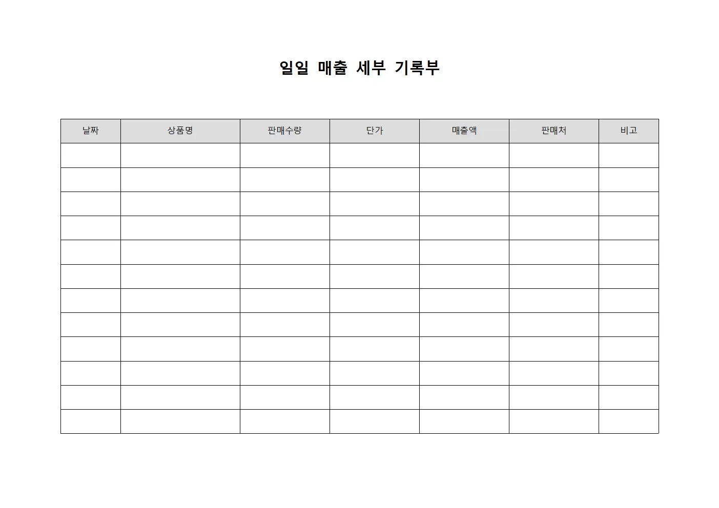 일일 매출 세부 기록부 문서양식