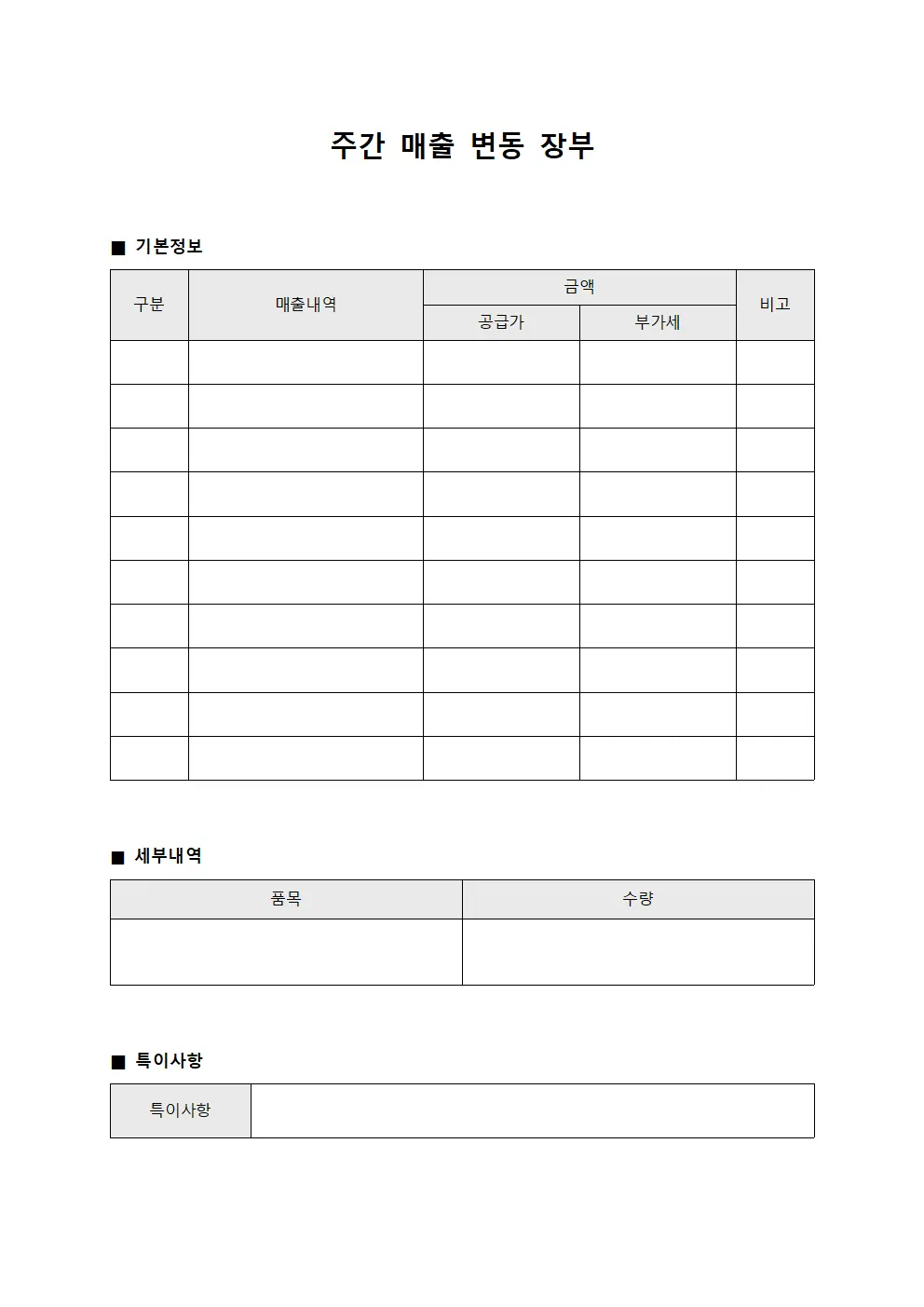 주간 매출 변동 장부