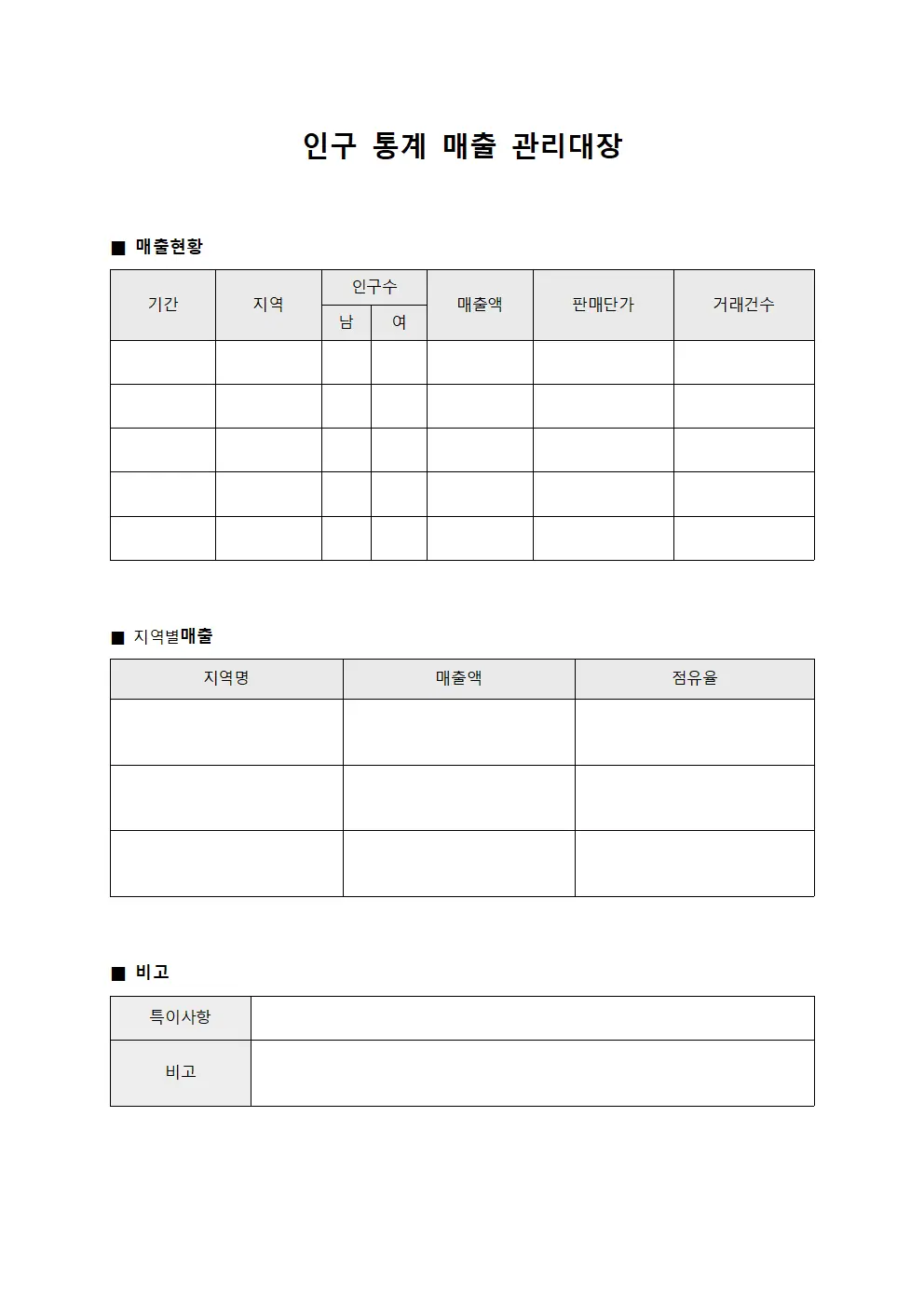 인구 통계 매출 관리대장 양식.서식