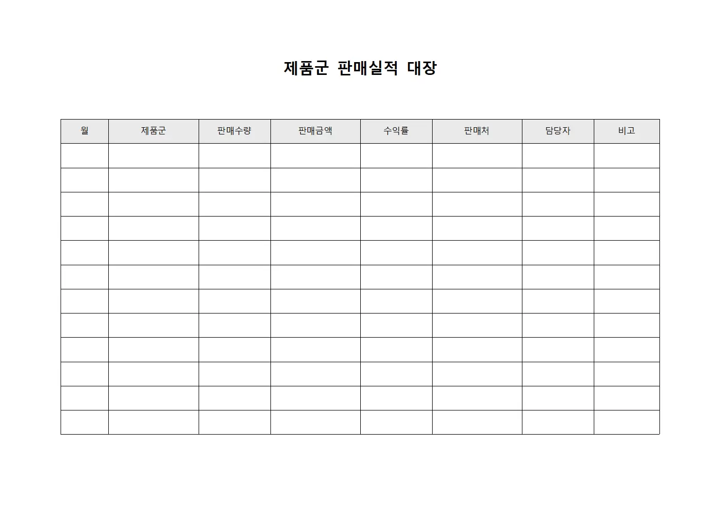 제품군 판매실적 대장 파일양식