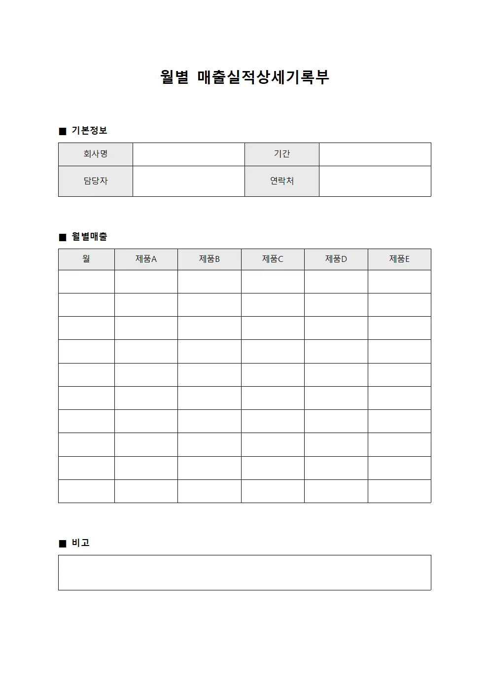 월별 매출실적상세기록부 서식문서