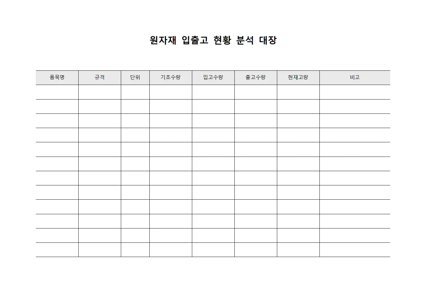 원자재 입출고 현황 분석 대장 문서양식